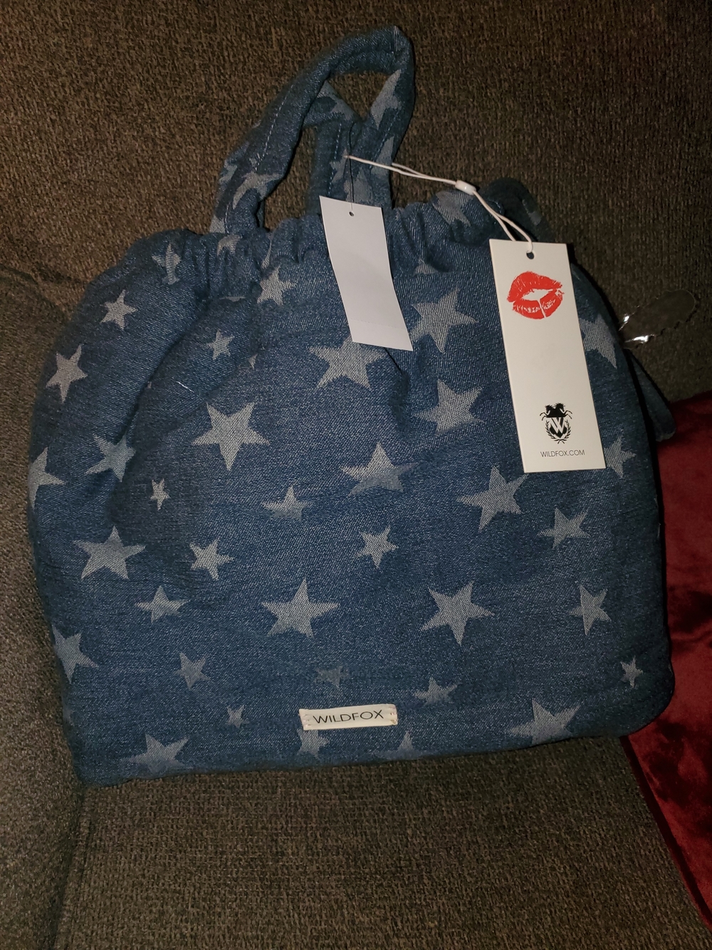 Wildfox Blue Denim With Gray Star Drawstring Tote/backpack - Picture 5 of 6